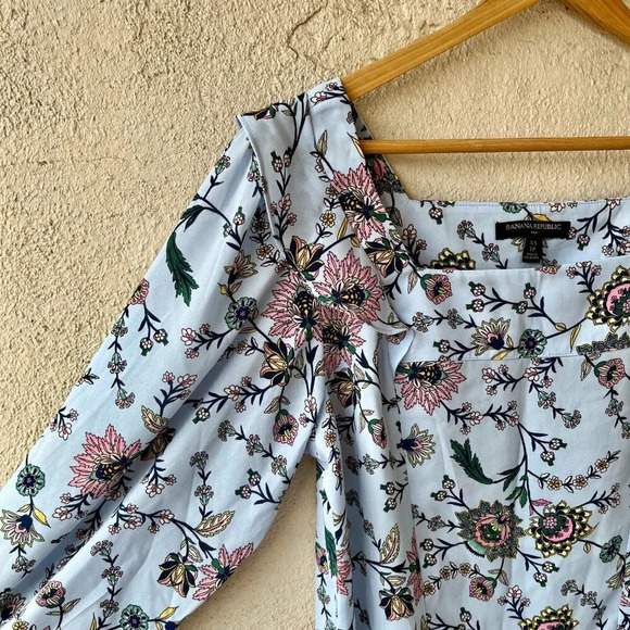 Banana Republic Floral Boho Square Neck Blouse Top Blue Size Petite XS - Picture 6 of 8